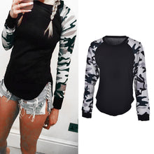 Women Long Sleeve O-neck Camouflage Sleeve Splicing Slim Casual T-shirt J4U66