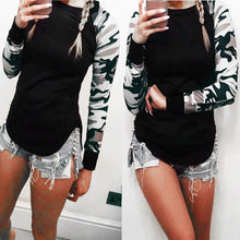 Women Long Sleeve O-neck Camouflage Sleeve Splicing Slim Casual T-shirt J4U66