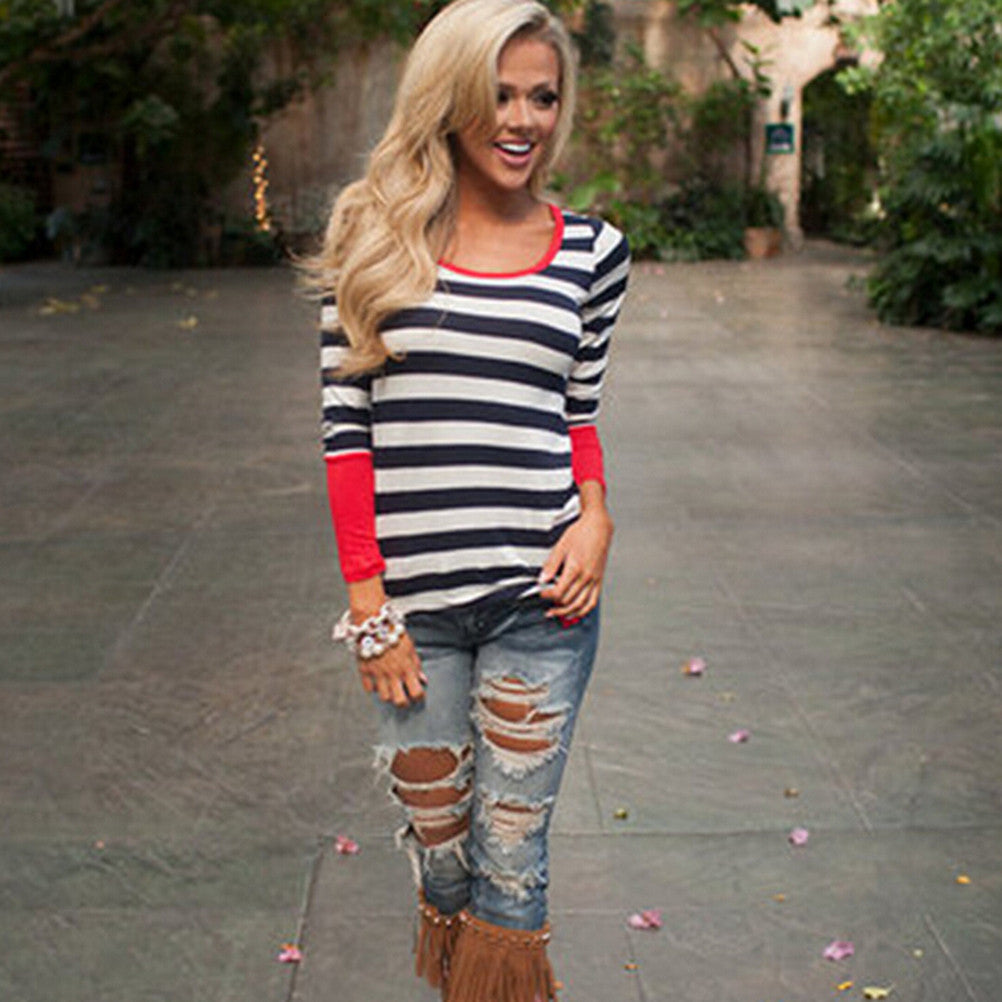 Women O-Neck Tshirt Casual Contrast Color Button Tops Tee Shirt Fall Irregular Stripes Long Sleeve T-shirt J4U66