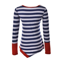 Women O-Neck Tshirt Casual Contrast Color Button Tops Tee Shirt Fall Irregular Stripes Long Sleeve T-shirt J4U66
