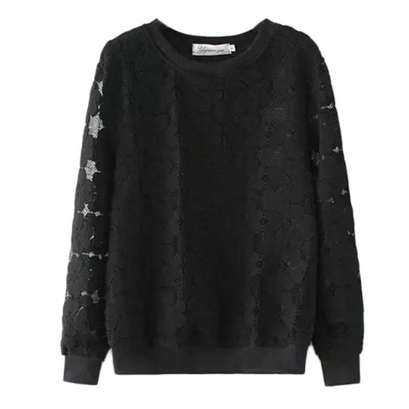 New Casual Round Neck Hedging Sweatshirt Women Lace Hollow Out Hoodies Loose All-Match Bottoming Sudaderas Plus Size J4U66