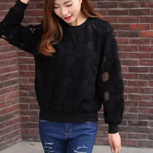 New Casual Round Neck Hedging Sweatshirt Women Lace Hollow Out Hoodies Loose All-Match Bottoming Sudaderas Plus Size J4U66