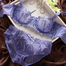 New Fashion Transparent Sexy Bra and Panty Set Plus size Women Lace Ultra-thin Blue Underwear Sets 32-38B J4U66