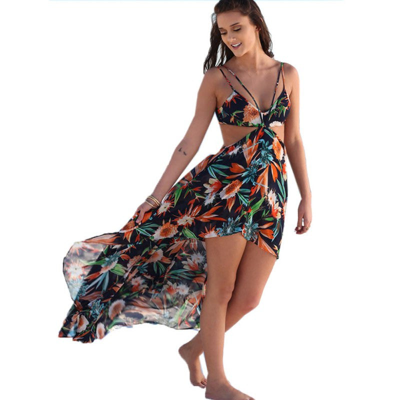 New Women Fashion Sexy Print Chiffion Dress Backless Boho Halter Maxi Beach Hollow Out Wrap Party Dresses J4U66