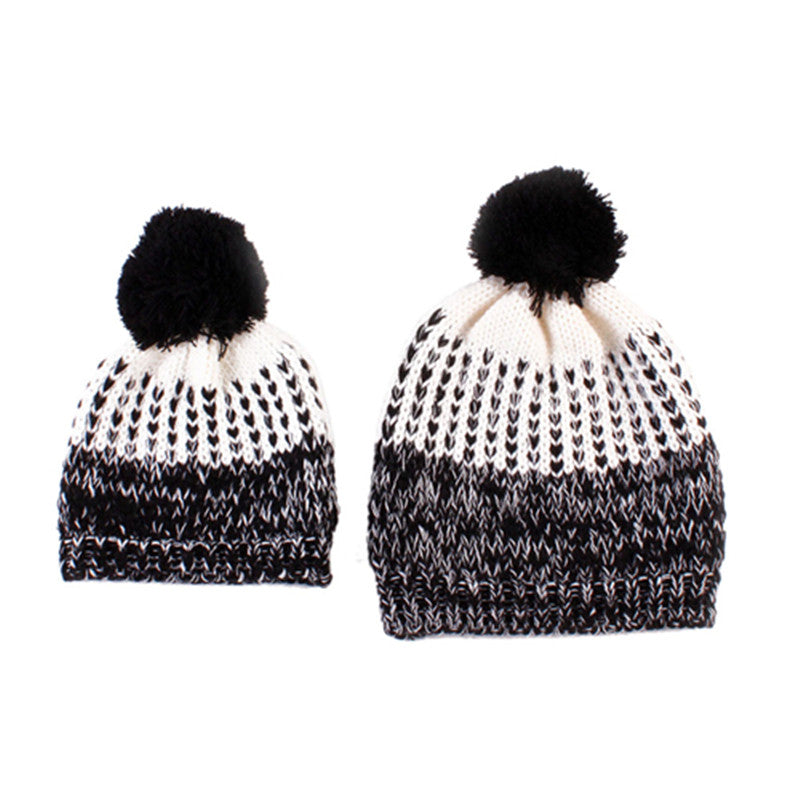 2Pcs 5 Colors Mother Baby Crochet Hats Toddler Kids Boys Girls Knitted Beanie Hat Children Adult Warm Pompon Caps J4U66