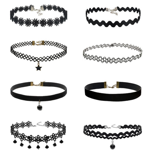8Pcs Sexy Gothic Punk Collar Necklace Velvet Tattoo Lace Choker With Star Pendant Jewelery For Women J4U66