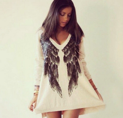 angel wings t-shirts for women quality long sleeve print tee nakedcolor back v neck wing pattern shirt J4U66