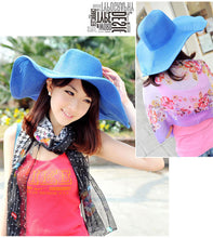 cute women straw beach hat wide large brim foldable sun hat royal blue J4U66