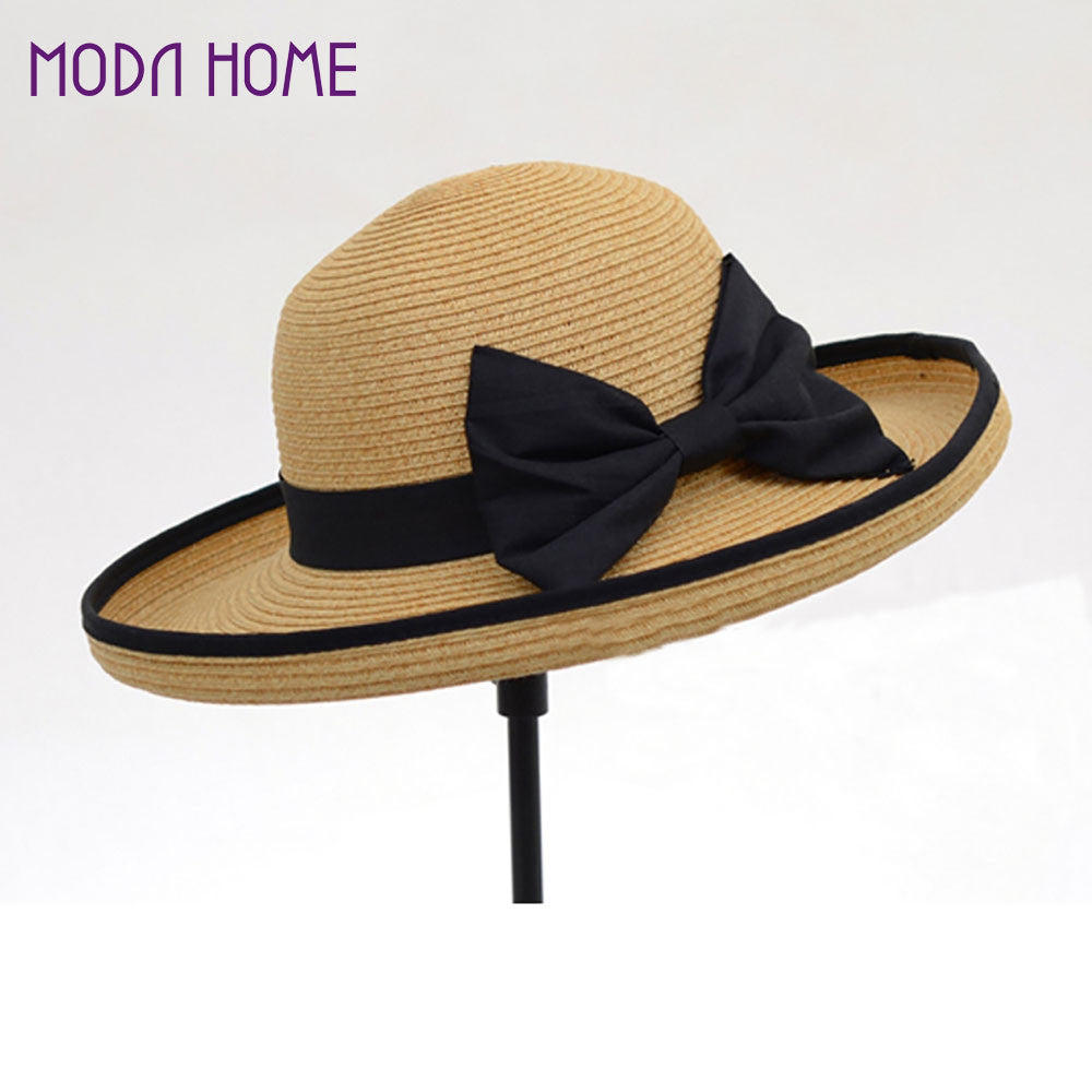 khaki women cap straw beach hat black bowknot ribbon roll up trim sun hat caps J4U66