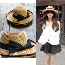 khaki women cap straw beach hat black bowknot ribbon roll up trim sun hat caps J4U66