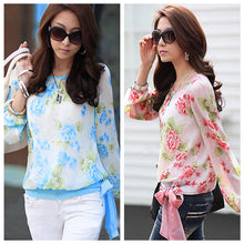 women blusa chiffon floral print long sleeve shirt blouse top ladies blouses casual red blue J4U66