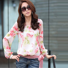 women blusa chiffon floral print long sleeve shirt blouse top ladies blouses casual red blue J4U66