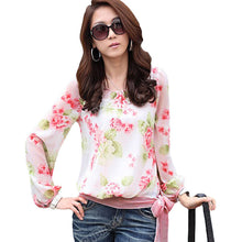 women blusa chiffon floral print long sleeve shirt blouse top ladies blouses casual red blue J4U66