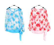 women blusa chiffon floral print long sleeve shirt blouse top ladies blouses casual red blue J4U66