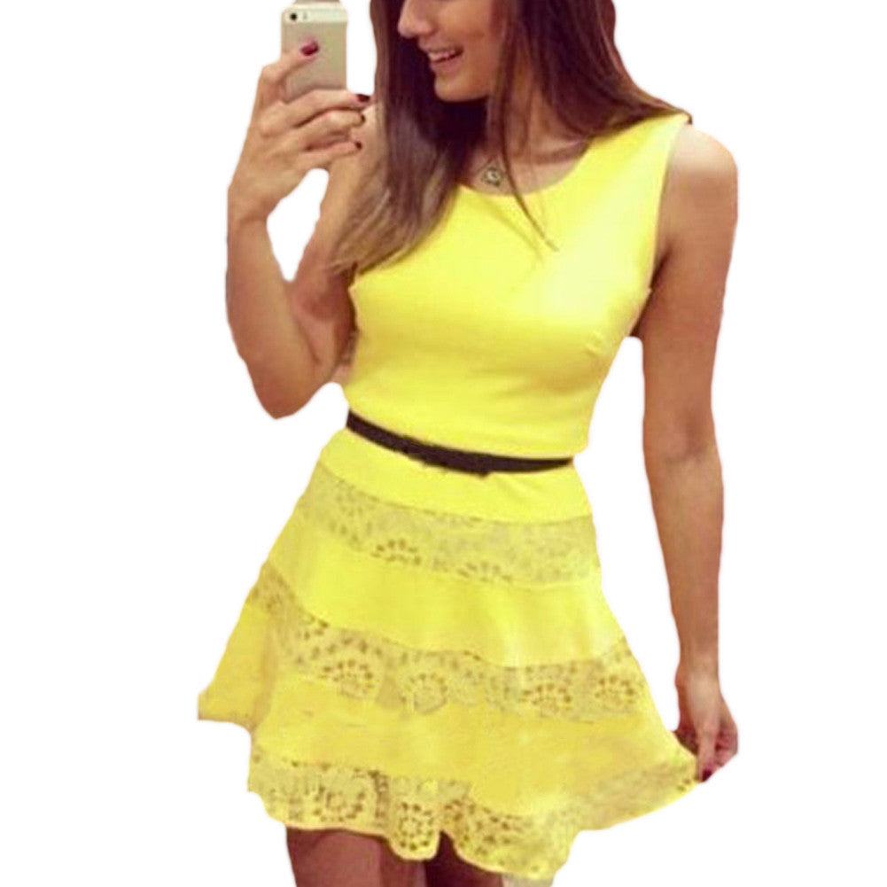 women slim dress sleeveless ladies womens lace splicing a line basic dress club wear J4U66