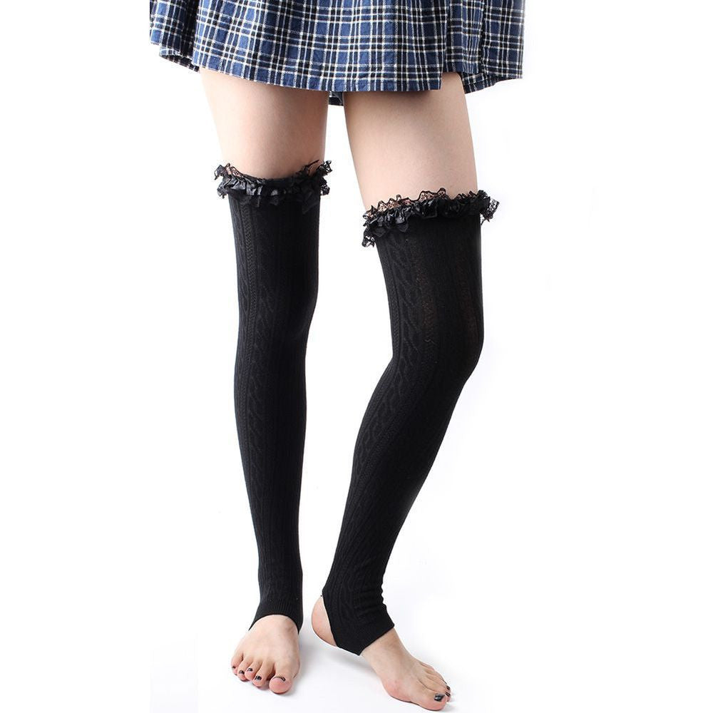 ladies girl women lace hight cotton over the knee stocking J4U66