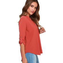 women blouses v neck d ring tab long sleeves women tops casual chiffon shirt blusas grey watermelon red J4U66