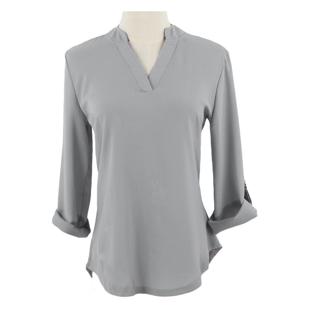 women blouses v neck d ring tab long sleeves women tops casual chiffon shirt blusas grey watermelon red J4U66