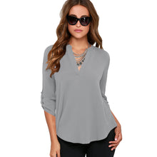 women blouses v neck d ring tab long sleeves women tops casual chiffon shirt blusas grey watermelon red J4U66