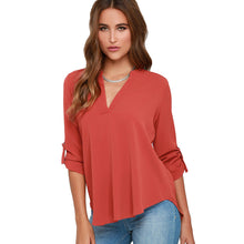 women blouses v neck d ring tab long sleeves women tops casual chiffon shirt blusas grey watermelon red J4U66