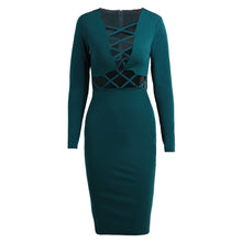 women sexy club dress criss cross long sleeve bandage bodycon dress hollow out knee length midi dress vestidos J4U66