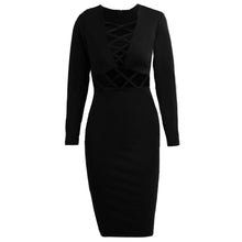 women sexy club dress criss cross long sleeve bandage bodycon dress hollow out knee length midi dress vestidos J4U66