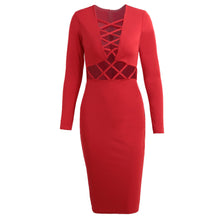 women sexy club dress criss cross long sleeve bandage bodycon dress hollow out knee length midi dress vestidos J4U66