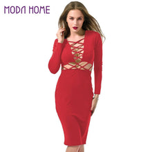 women sexy club dress criss cross long sleeve bandage bodycon dress hollow out knee length midi dress vestidos J4U66