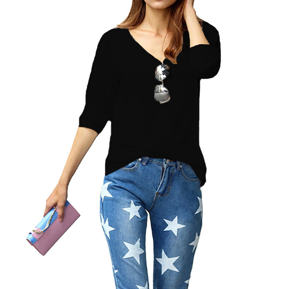 women t-shirts v neck long sleeve women tops casual pullover loose tops t-shirts women plus size blusas white black J4U66