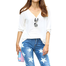 women t-shirts v neck long sleeve women tops casual pullover loose tops t-shirts women plus size blusas white black J4U66