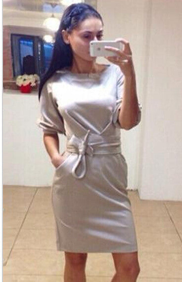 s ladies clothes women dress pockets belt half sleeves solid vestido casual mini vestidos femininos J4U66