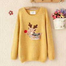 Autum Deer Print Long Sleeve KnittedWomen's Sweater Casual Pullover J4U66