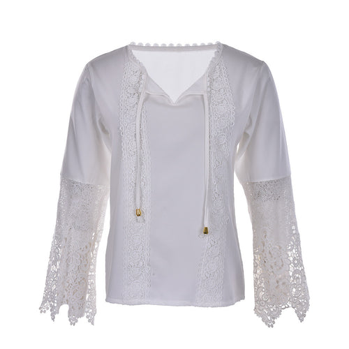 Autum Women chiffon Lace shirt Long sleeve Patchwork blusas tshirt Plus size women white tops J4U66