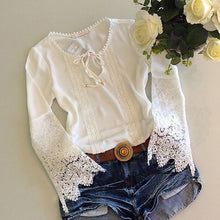 Autum Women chiffon Lace shirt Long sleeve Patchwork blusas tshirt Plus size women white tops J4U66