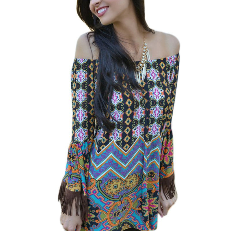 New Bohemian Elegant Dress Slash Neck Beach European Style Sexy Women Dress Clothing H86 J4U66