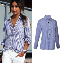 Casual Loose Long Sleeve Tops Street Femme Blusas Cotton Tops White & Blue Women Striped Shirts J4U66