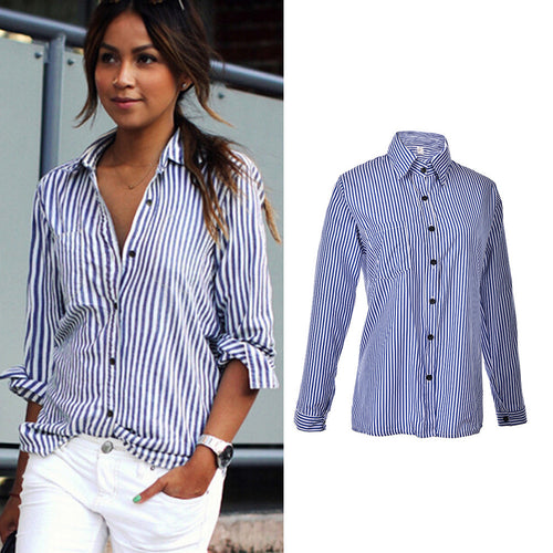 Casual Loose Long Sleeve Tops Street Femme Blusas Cotton Tops White & Blue Women Striped Shirts J4U66