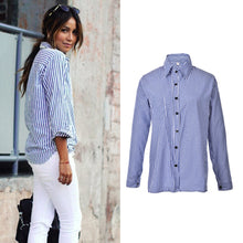 Casual Loose Long Sleeve Tops Street Femme Blusas Cotton Tops White & Blue Women Striped Shirts J4U66