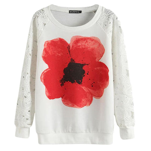 Casual Round Neck Sweatshirts Lace Hollow Out Pullovers Loose Bottom Plus Size J4U66