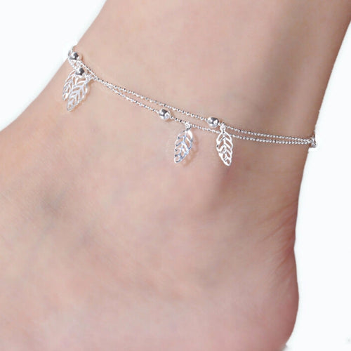 Double Chain Leaf Anklet Women Chain Ankle Bracelet Foot Jewelry for women lady's Barefoot Beach Gift J4U66
