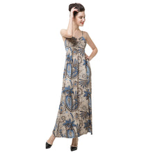 elegance women maxi dress floral print v neck padding women beach dress spaghetti strap long party dress vestidos blue J4U66