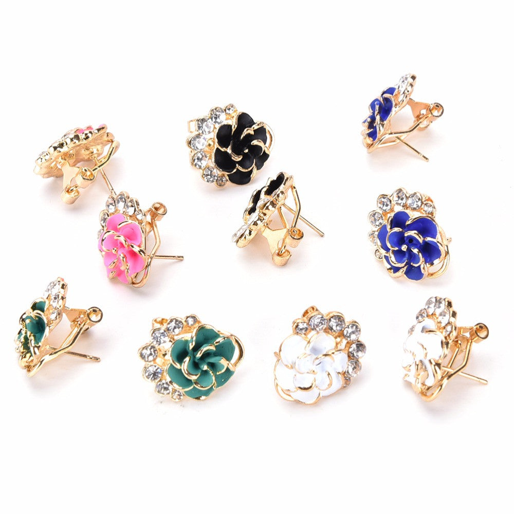Women Lady Crystal Rhinestone Flower Rose Ear Stud Earrings Jewelry FOUK J4U66