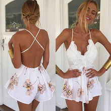 Shorts Women Jumpsuit Sexy Floral Cross Backless Strap V Neck Rompers Overalls For Women J4U66