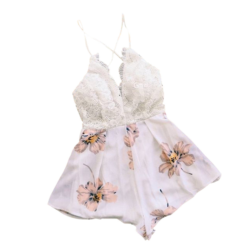 Shorts Women Jumpsuit Sexy Floral Cross Backless Strap V Neck Rompers Overalls For Women J4U66