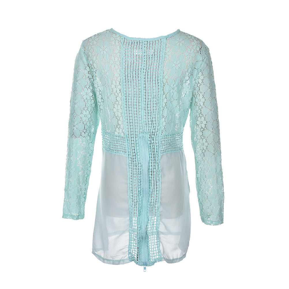 Women Lace Sexy Blouses Full Sleeve Floral Embroidery Crochet Lace Tops Blusa long Shirts J4U66