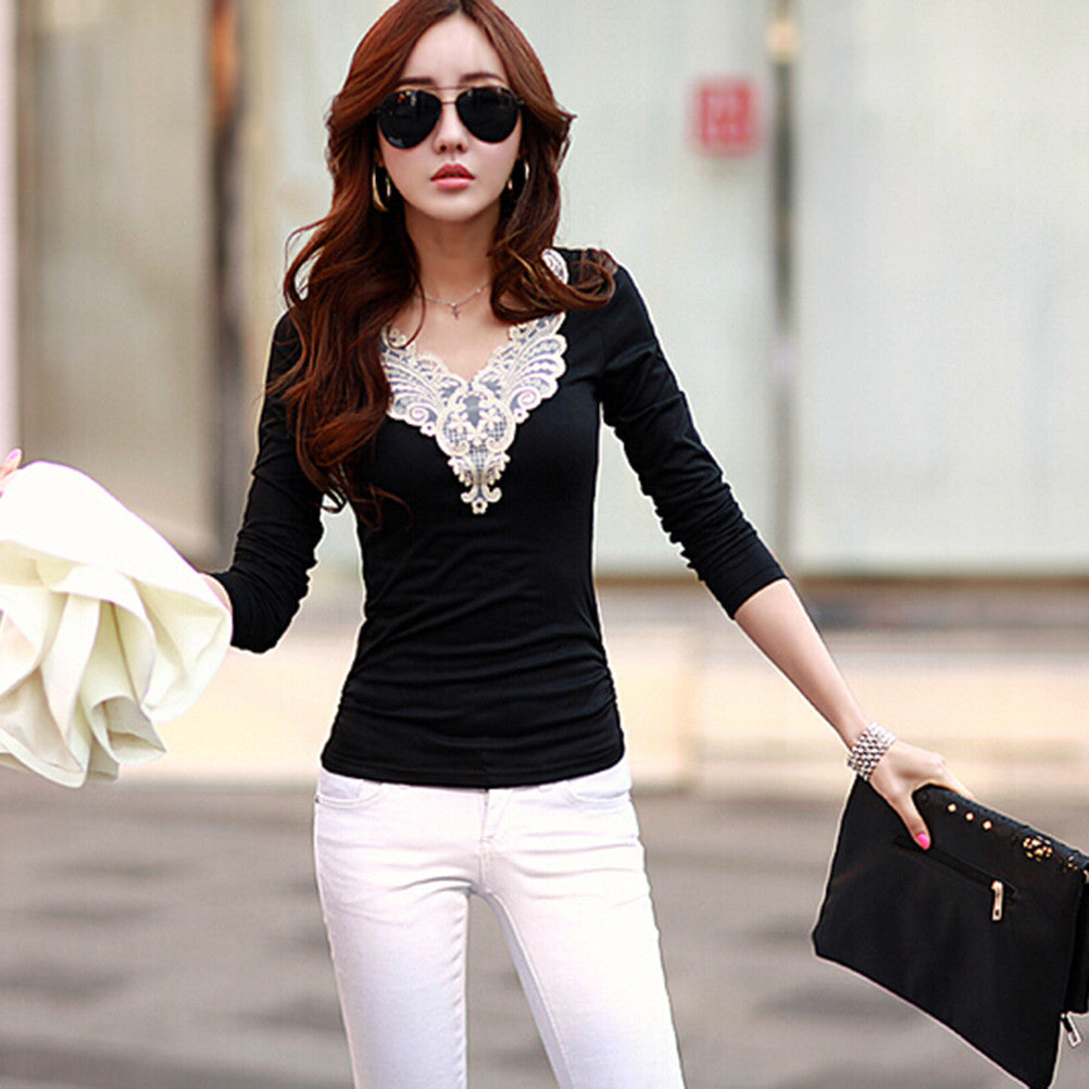 Women Lace Hollow Out Blouse Shirt Long Sleeve V Neck Shirts Tops J4U66
