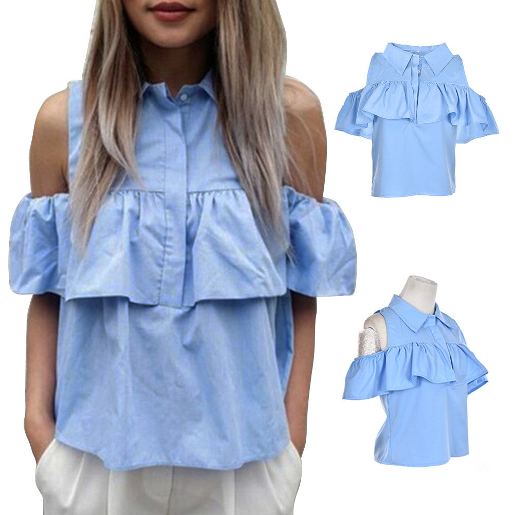 Women Sexy Ruffles Off Shoulder Turn-down Collar Crop Short Blouse Shirts Blue J4U66
