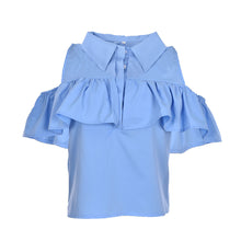 Women Sexy Ruffles Off Shoulder Turn-down Collar Crop Short Blouse Shirts Blue J4U66