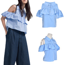 Women Sexy Ruffles Off Shoulder Turn-down Collar Crop Short Blouse Shirts Blue J4U66