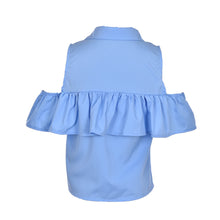 Women Sexy Ruffles Off Shoulder Turn-down Collar Crop Short Blouse Shirts Blue J4U66